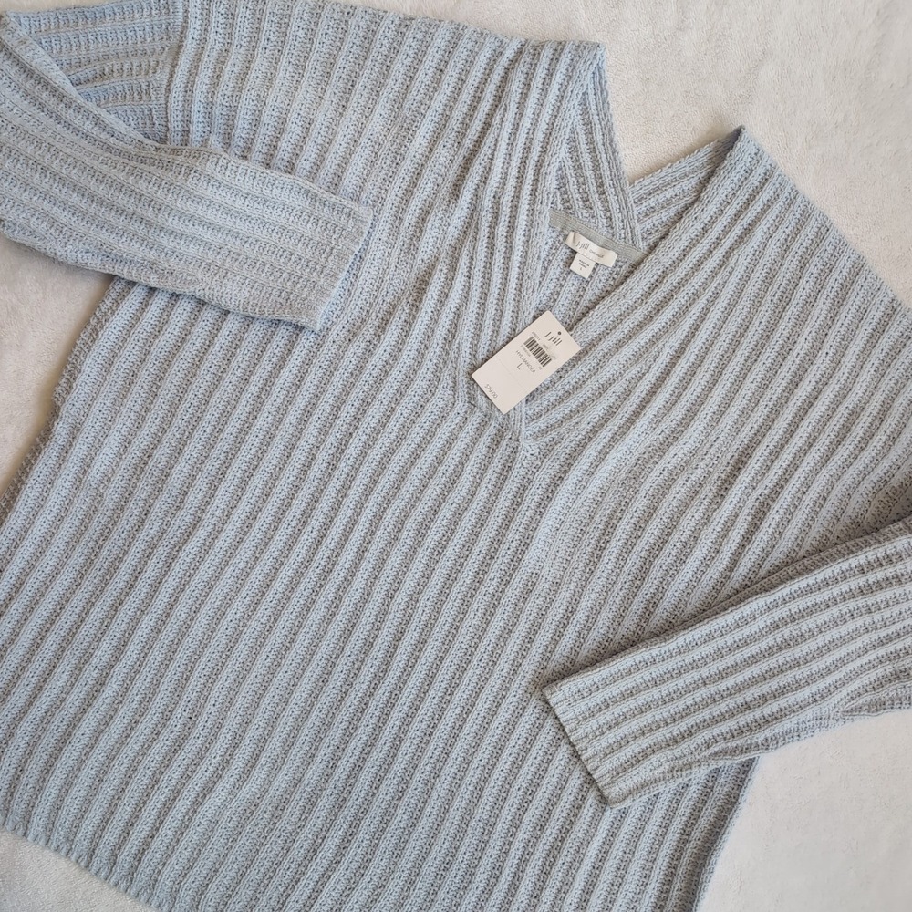 New J. Jill Chenille Sweater Womens Large Hydrangea Blue Ribbed V-Neck Pullover
